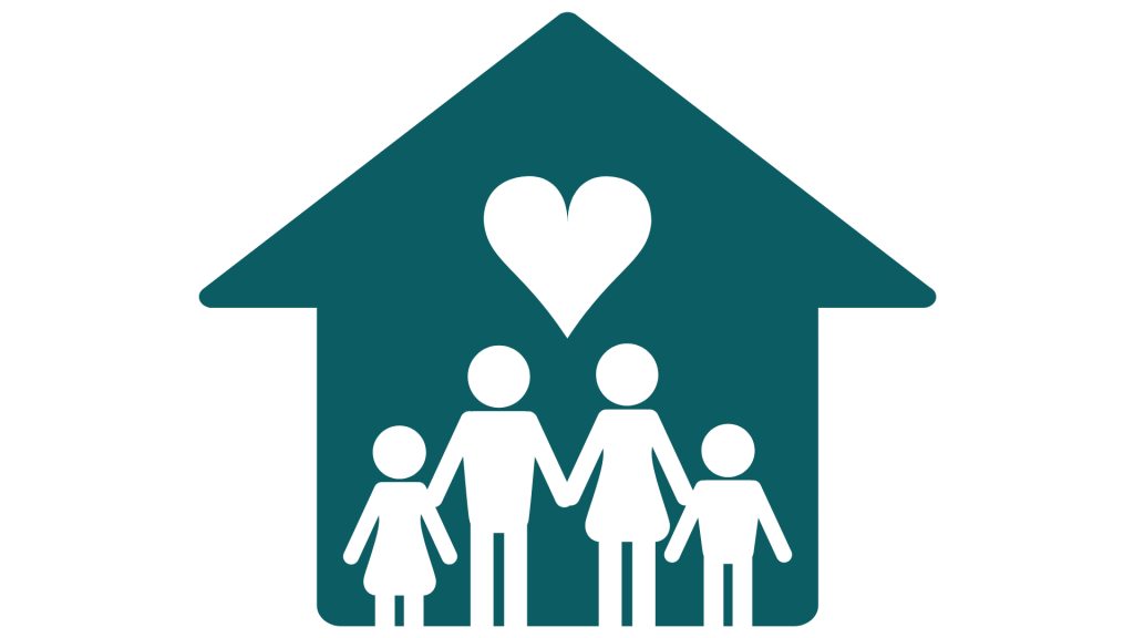 A graphic of a family of four standing in front of a house to represent the tendency for migraines to run in the family